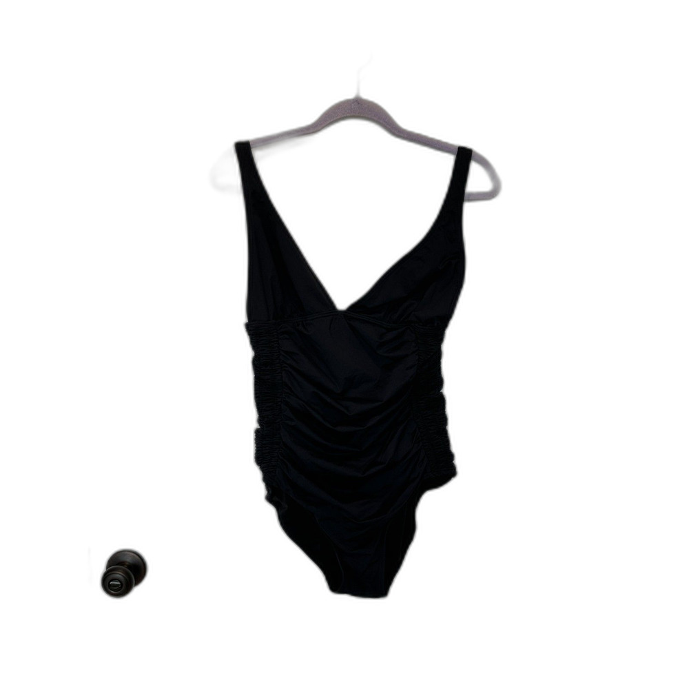 DKNY Black Ruched Sides V-Neck One Piece Swimsuit Size 14 - Picture 1 of 9
